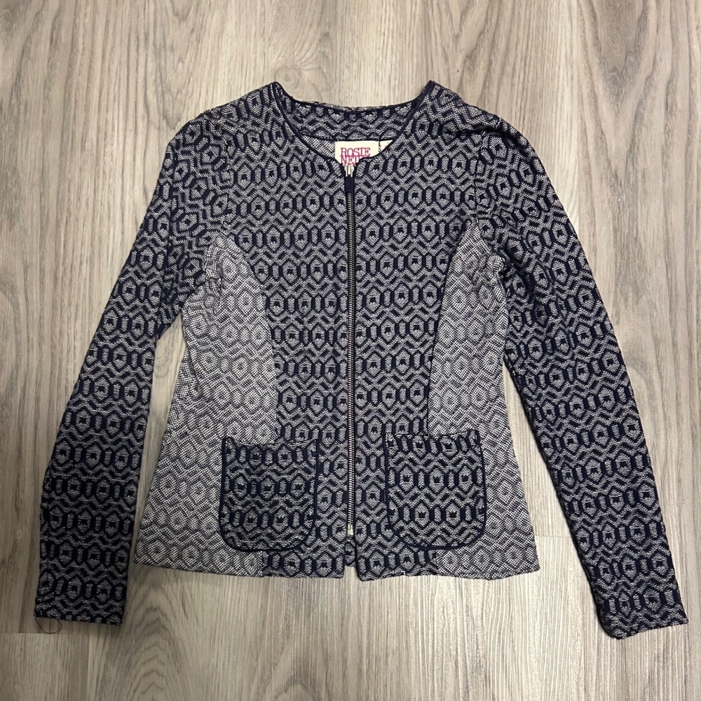 Anthropologie ROSIE NEIRA Geometric Knit Zip Up Jacket Navy White Size‎ Small